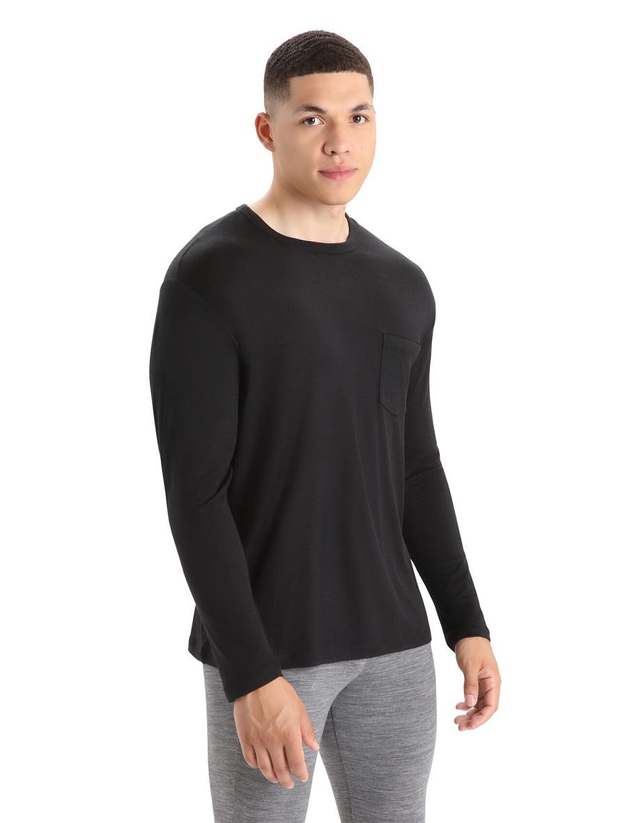 Men\'s Icebreaker Merino Granary Pocket T-Shirt Long Sleeve Black | CA 1708BEXC